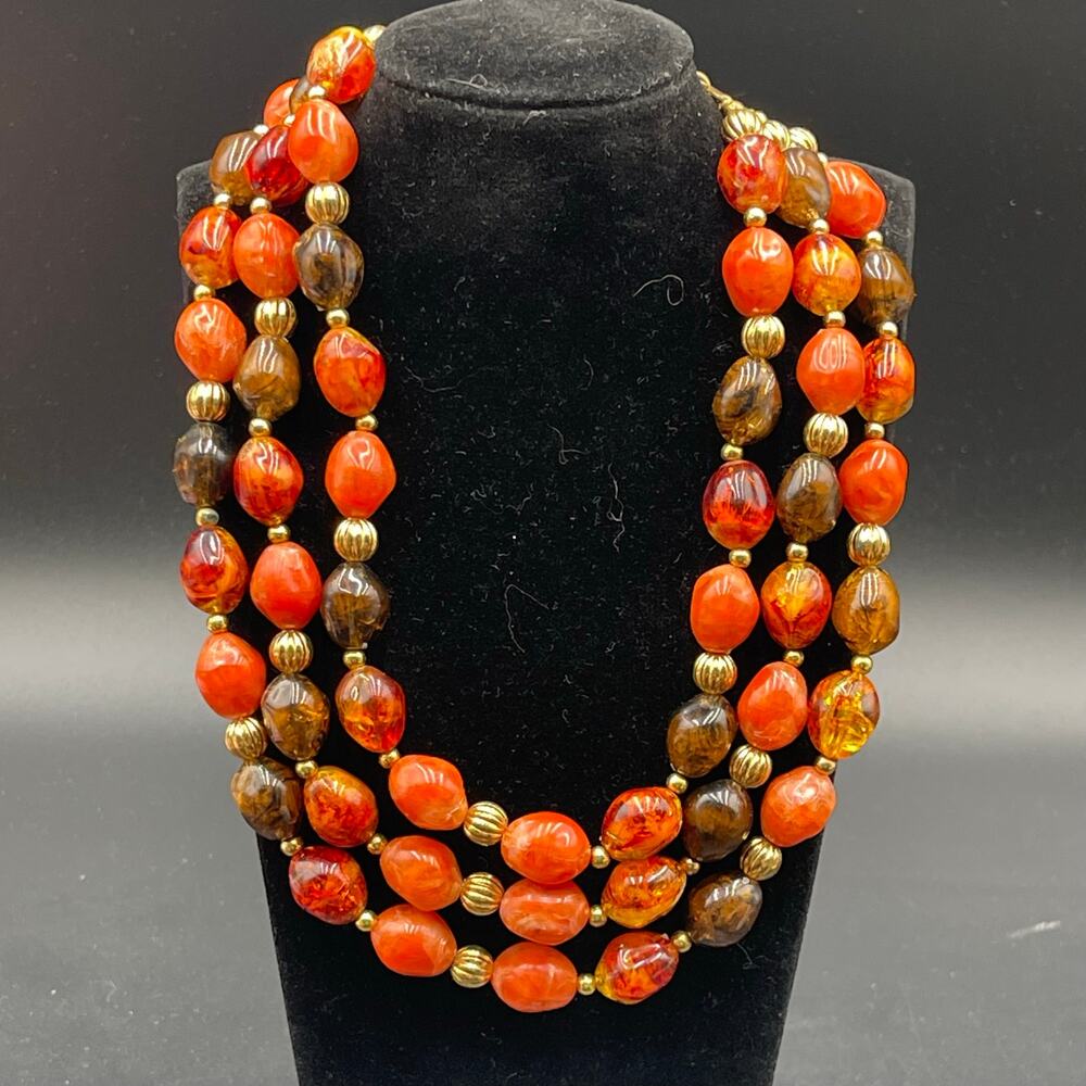 Triple Strand Plastic Beaded Necklace Layered 14" Vtg Autumn Shepherds Hook